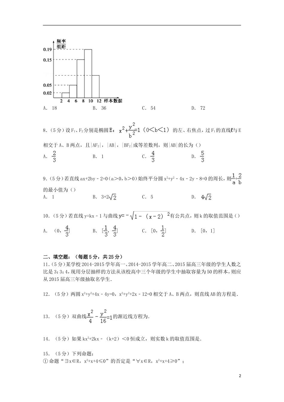 高二数学上学期第三次月考试卷 文（含解析）-人教版高二全册数学试题_第2页
