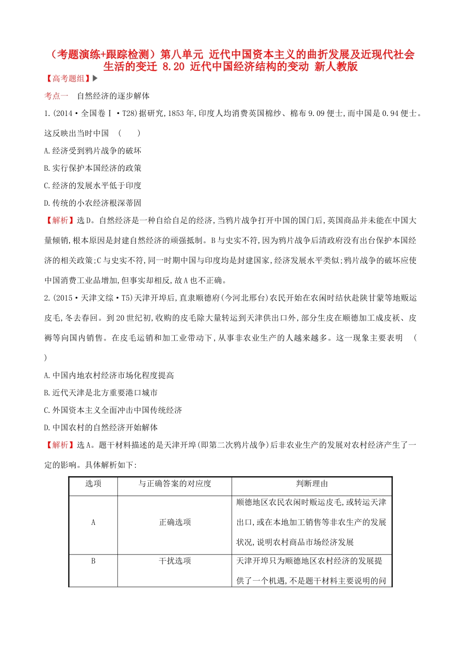 （通史版）高考历史一轮复习（考题演练跟踪检测）第八单元 近代中国资本主义的曲折发展及近现代社会生活的变迁 8.20 近代中国经济结构的变动 新人教版-新人教版高三全册历史试题_第1页