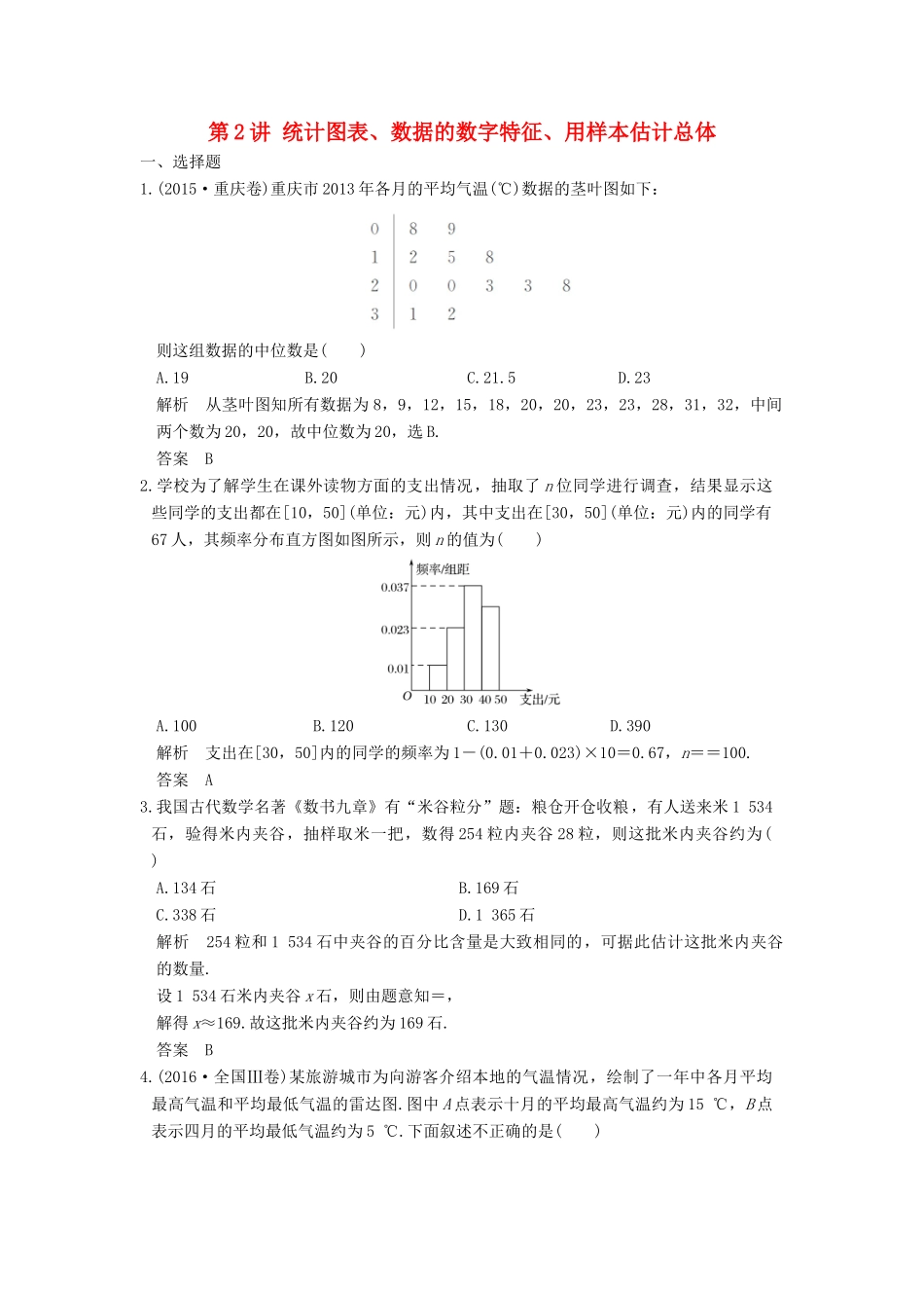 高考数学大一轮复习 第十一章 统计与统计案例 第2讲 统计图表、数据的数字特征、用样本估计总体练习 理 北师大版-北师大版高三全册数学试题_第1页