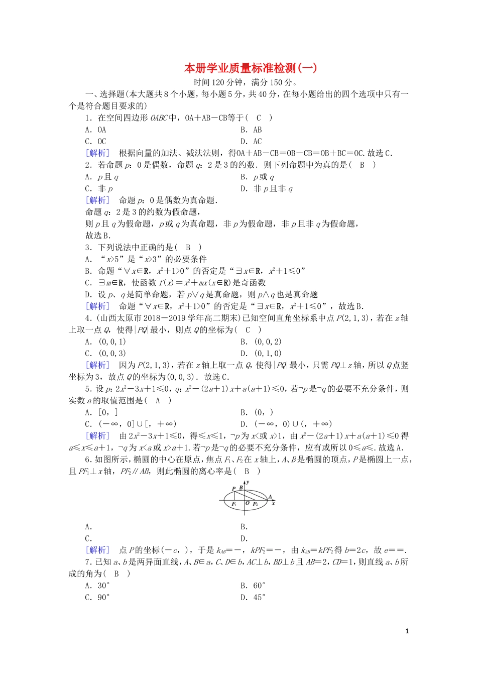 高中数学 本册学业质量标准检测1课时作业（含解析）新人教A版选修2-1-新人教A版高二选修2-1数学试题_第1页