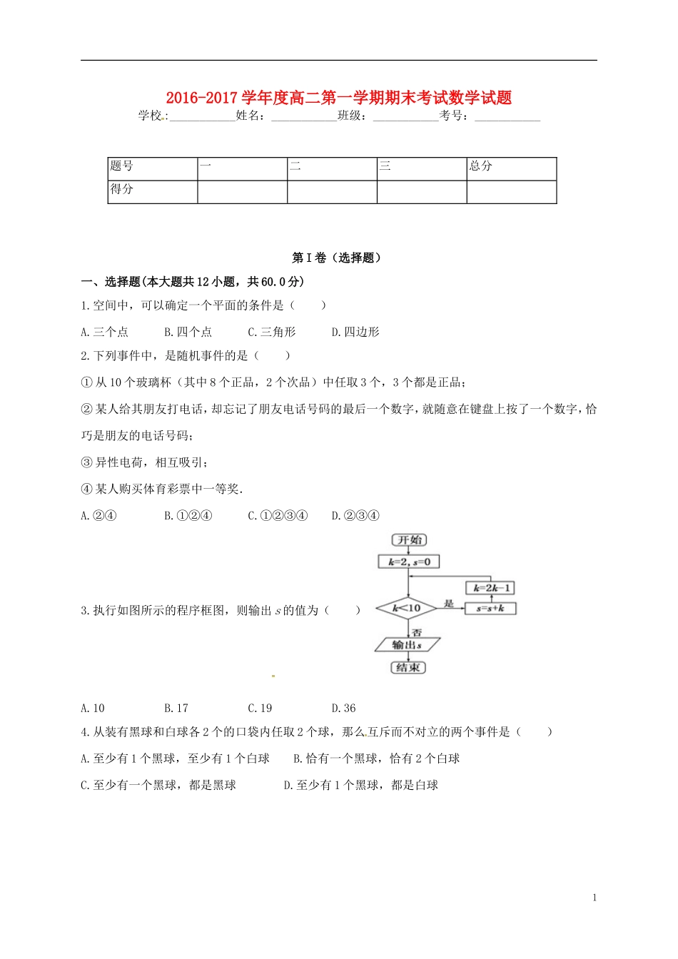 黑龙江省大庆市杜蒙县高二数学上学期期末考试试题-人教版高二全册数学试题_第1页