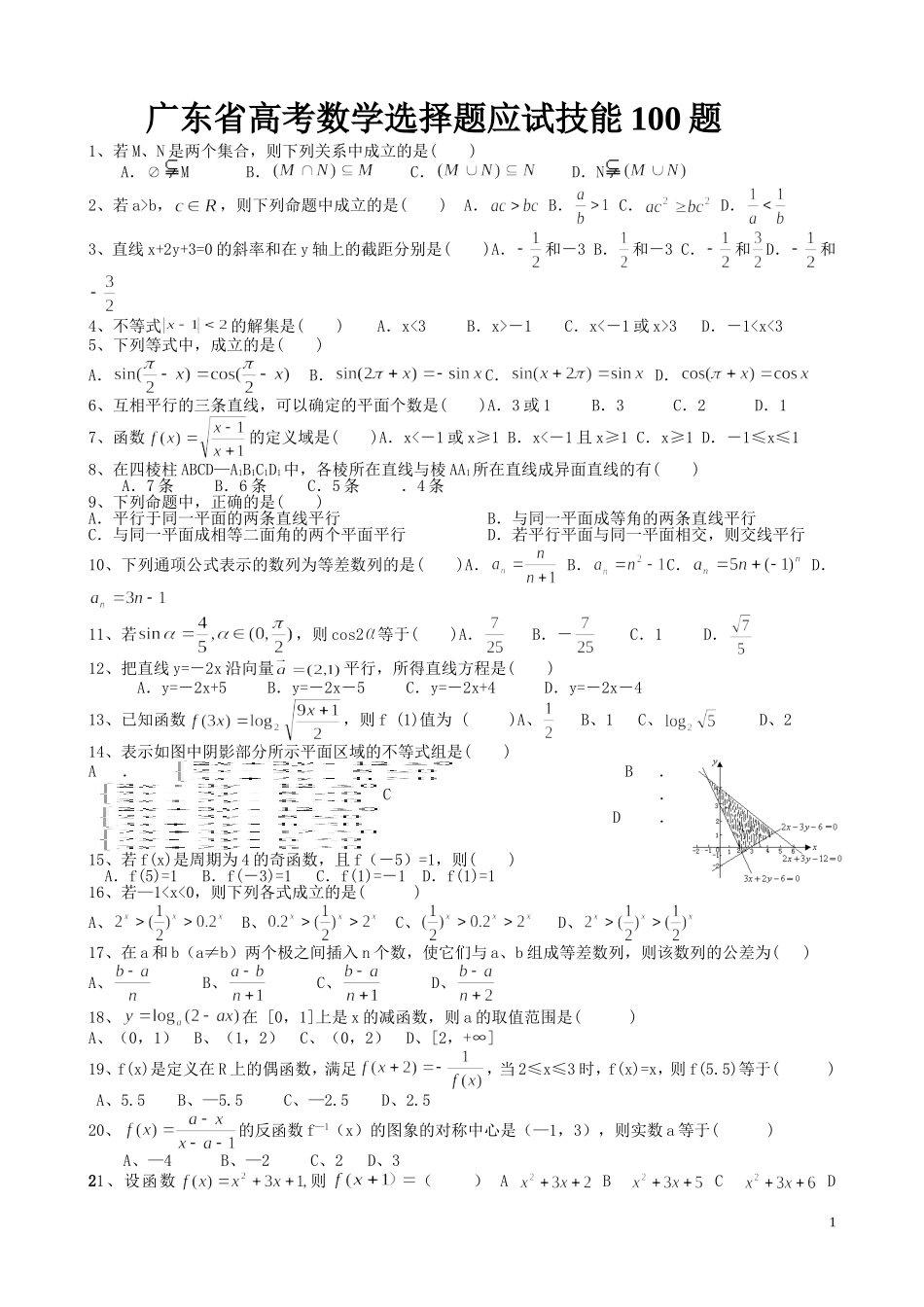 广东省高考数学选择题应试技能100题_第1页