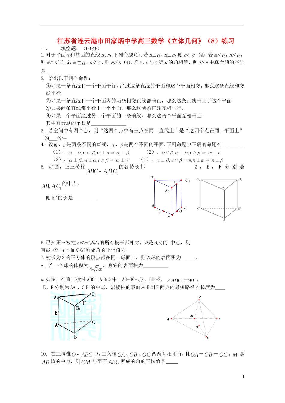 江苏省连云港市田家炳中学高三数学《立体几何》（8）练习_第1页