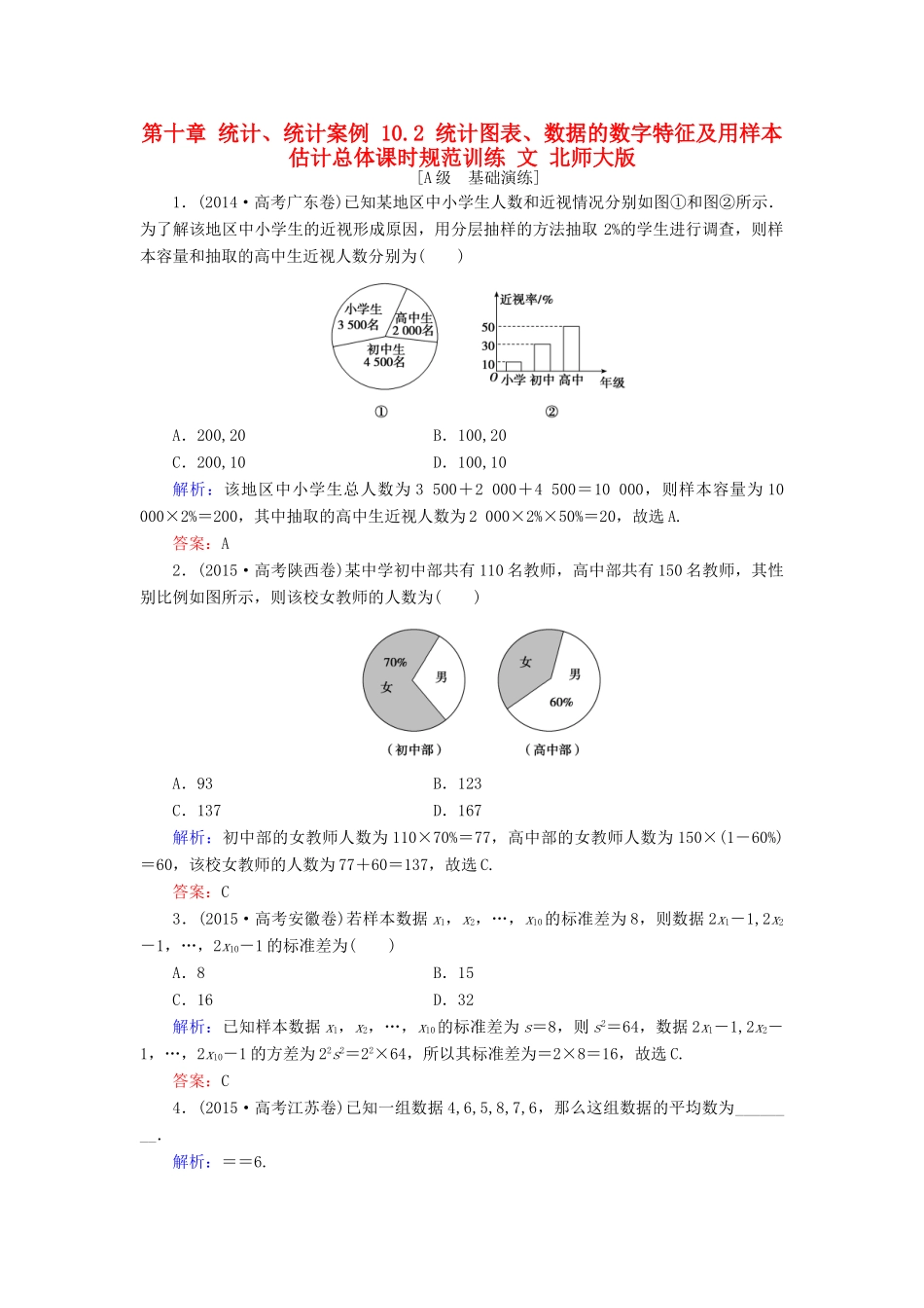 高考数学大一轮复习 第十章 统计、统计案例 10.2 统计图表、数据的数字特征及用样本估计总体课时规范训练 文 北师大版-北师大版高三全册数学试题_第1页
