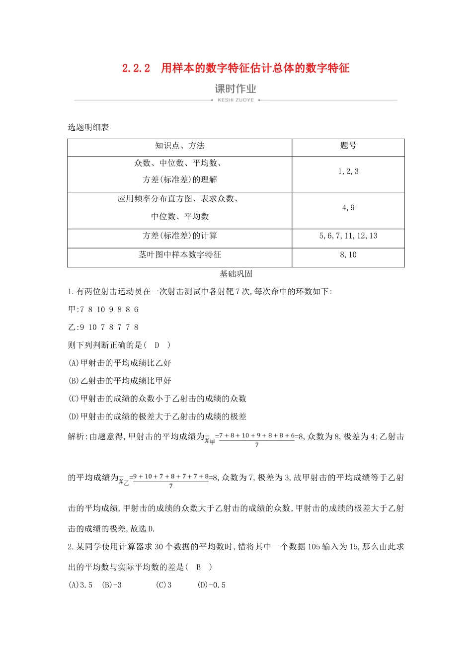 高中数学 第二章 统计 2.2.2 用样本的数字特征估计总体的数字特征课时作业 新人教A版必修3-新人教A版高一必修3数学试题_第1页