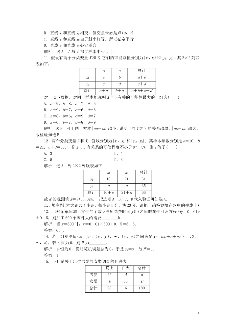 高中数学 阶段质量检测（一）统计案例（含解析）新人教A版选修1-2-新人教A版高二选修1-2数学试题_第3页