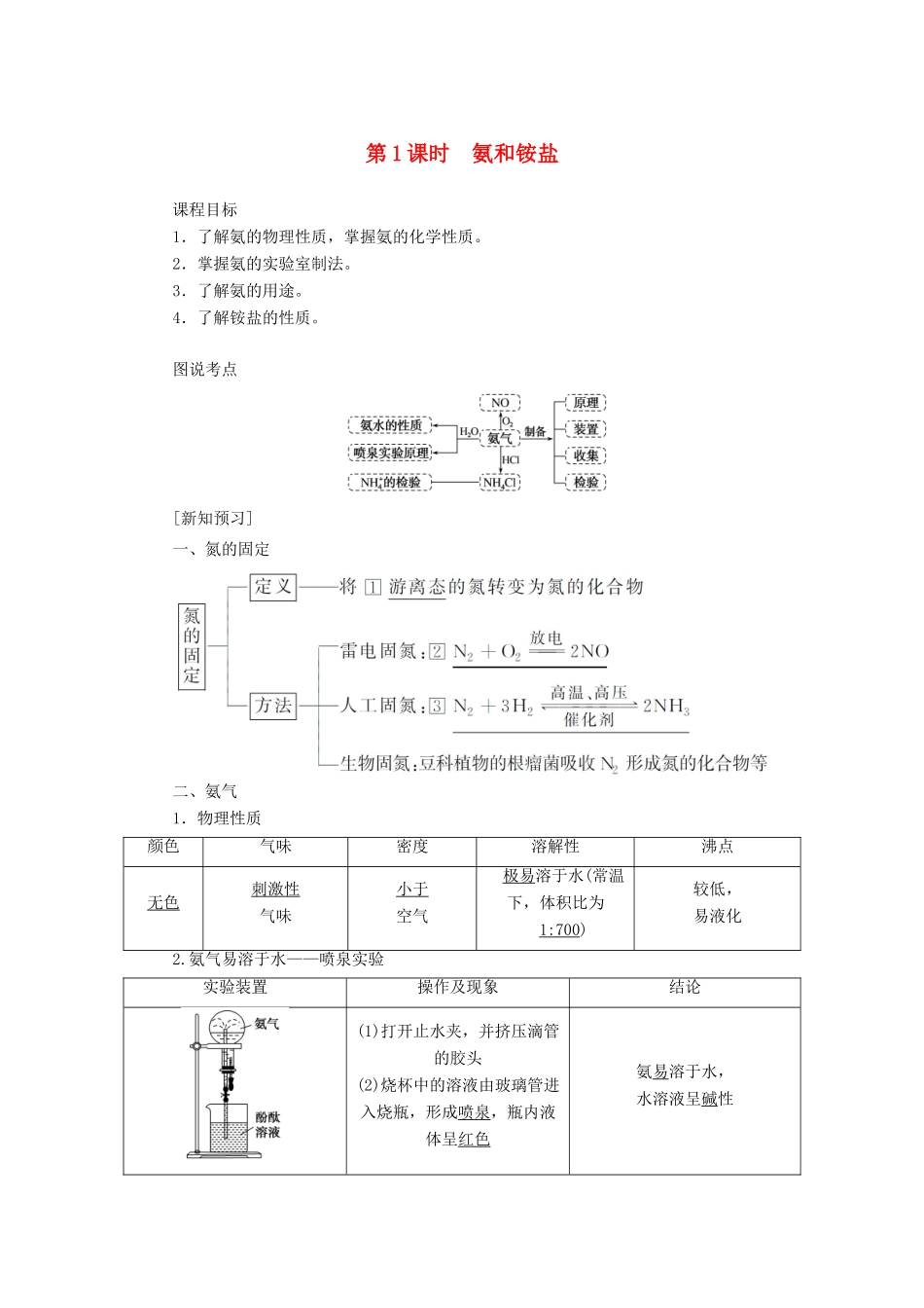 高中化学 4.4.1 第1课时 氨和铵盐讲义练习 新人教版必修1-新人教版高一必修1化学试题_第1页