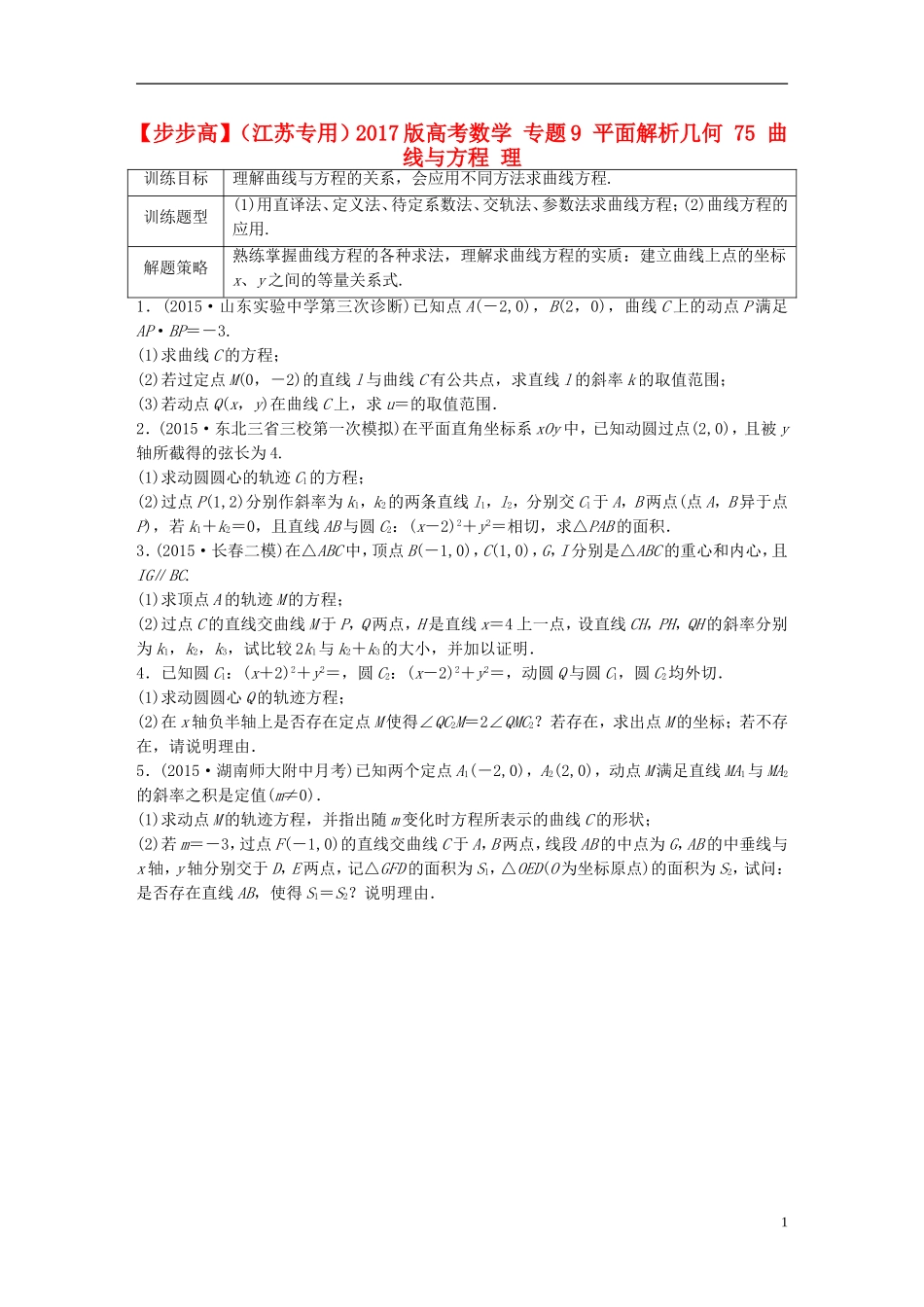 （江苏专用）高考数学 专题9 平面解析几何 75 曲线与方程 理-人教版高三全册数学试题_第1页