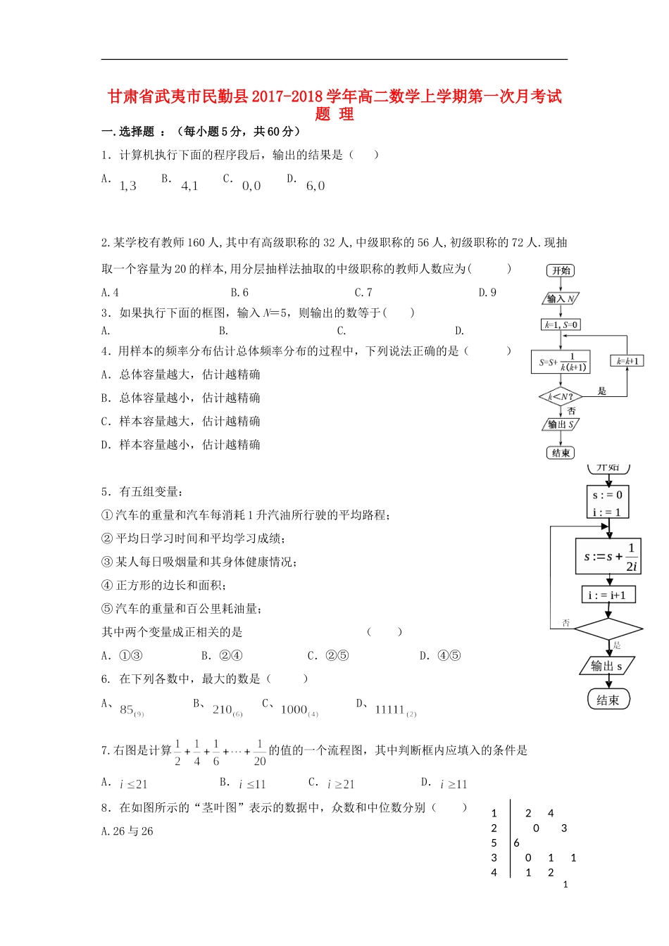 甘肃省武夷市民勤县高二数学上学期第一次月考试题 理-人教版高二全册数学试题_第1页