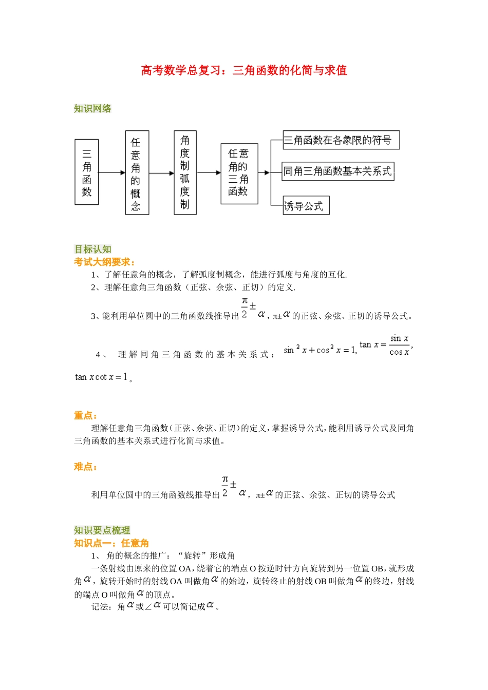 高考数学总复习：三角函数的化简与求值_第1页