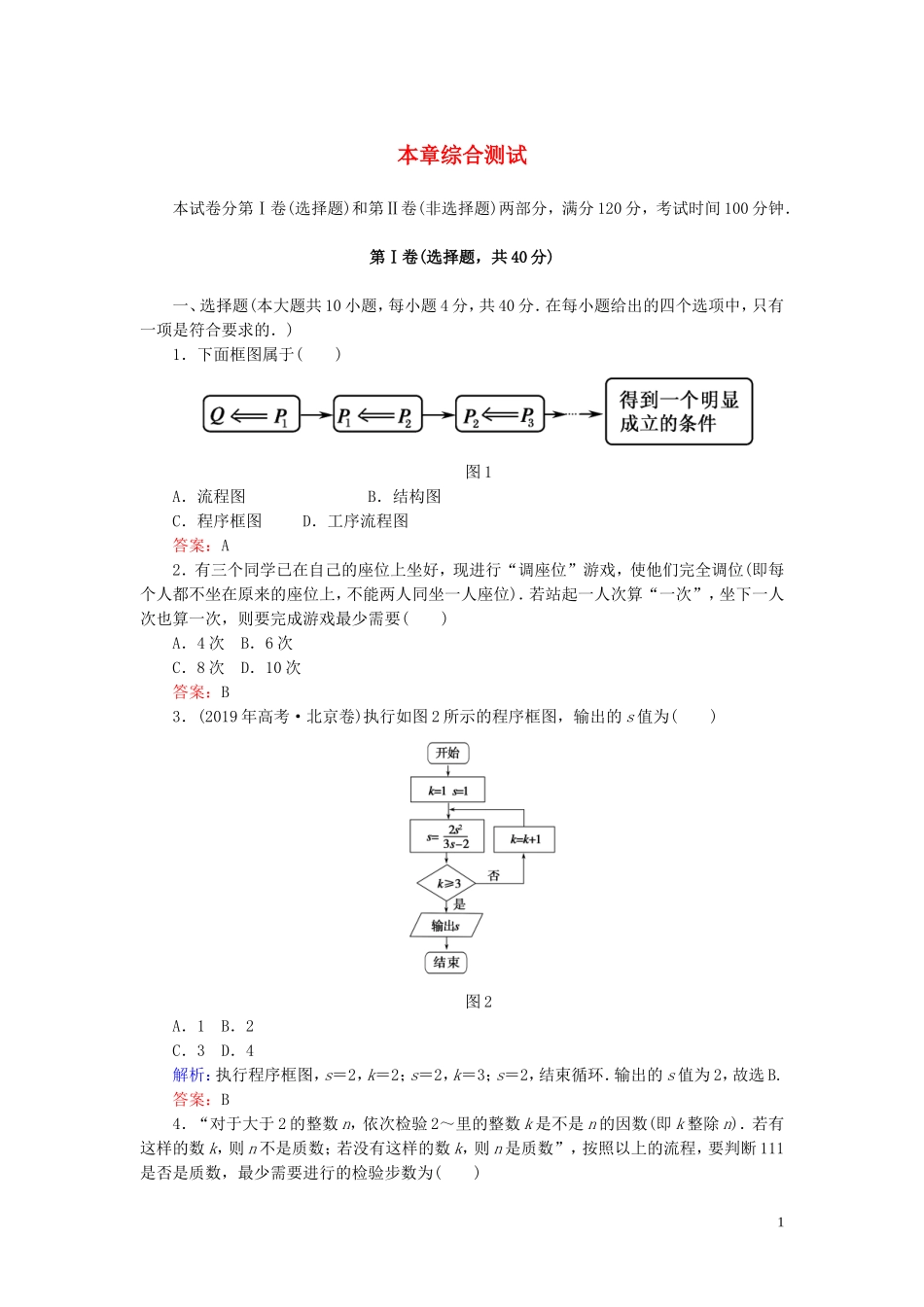 高中数学 第4章 框图综合测试 新人教A版选修1-2-新人教A版高二选修1-2数学试题_第1页