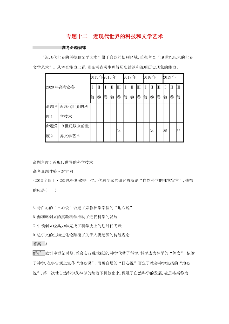 高考历史二轮复习 专题十二 近现代世界的科技和文学艺术对对练-人教版高三全册历史试题_第1页