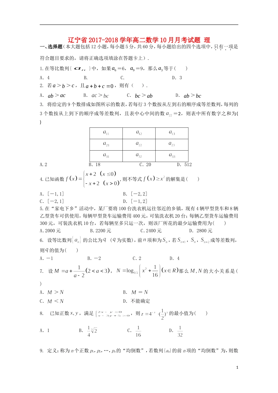 辽宁省高二数学10月月考试题 理-人教版高二全册数学试题_第1页