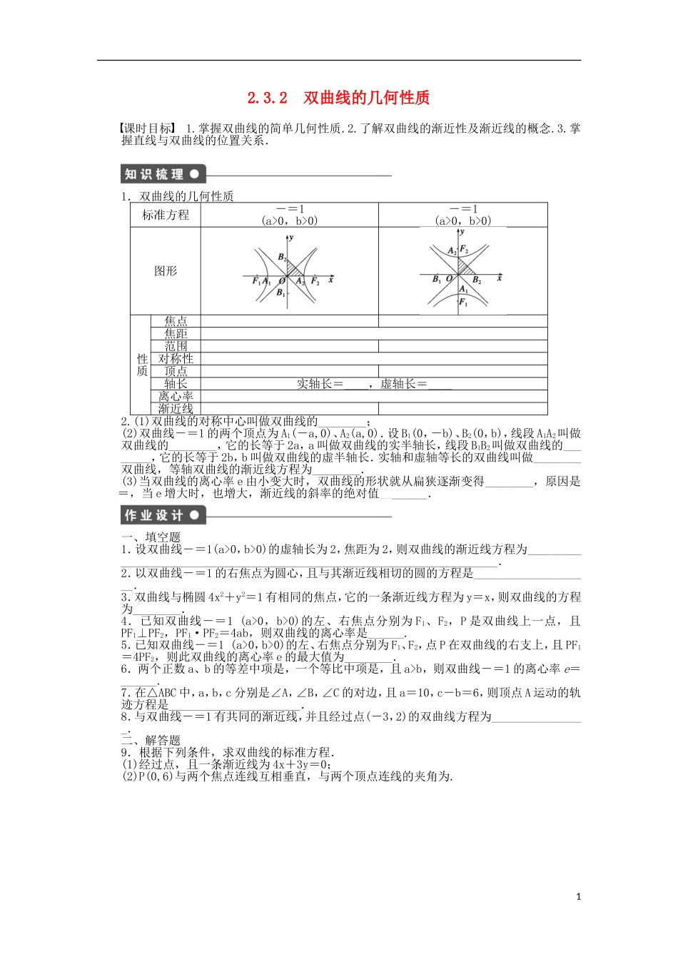 高中数学 第2章 圆锥曲线与方程 3.2双曲线的几何性质 苏教版选修2-1-苏教版高二选修2-1数学试题_第1页