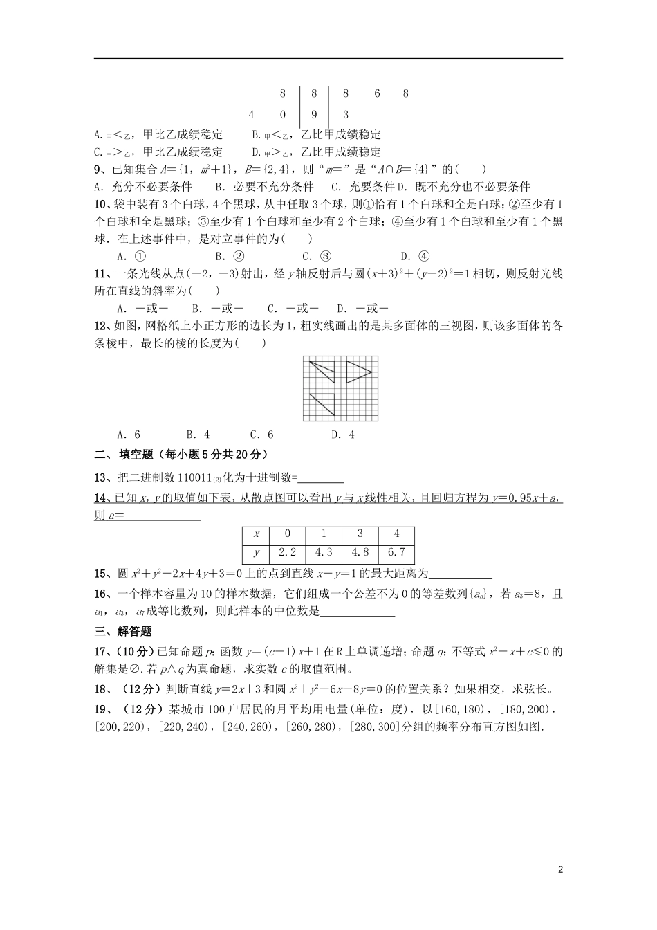 黑龙江省大庆市高二数学上学期期中试题 文-人教版高二全册数学试题_第2页