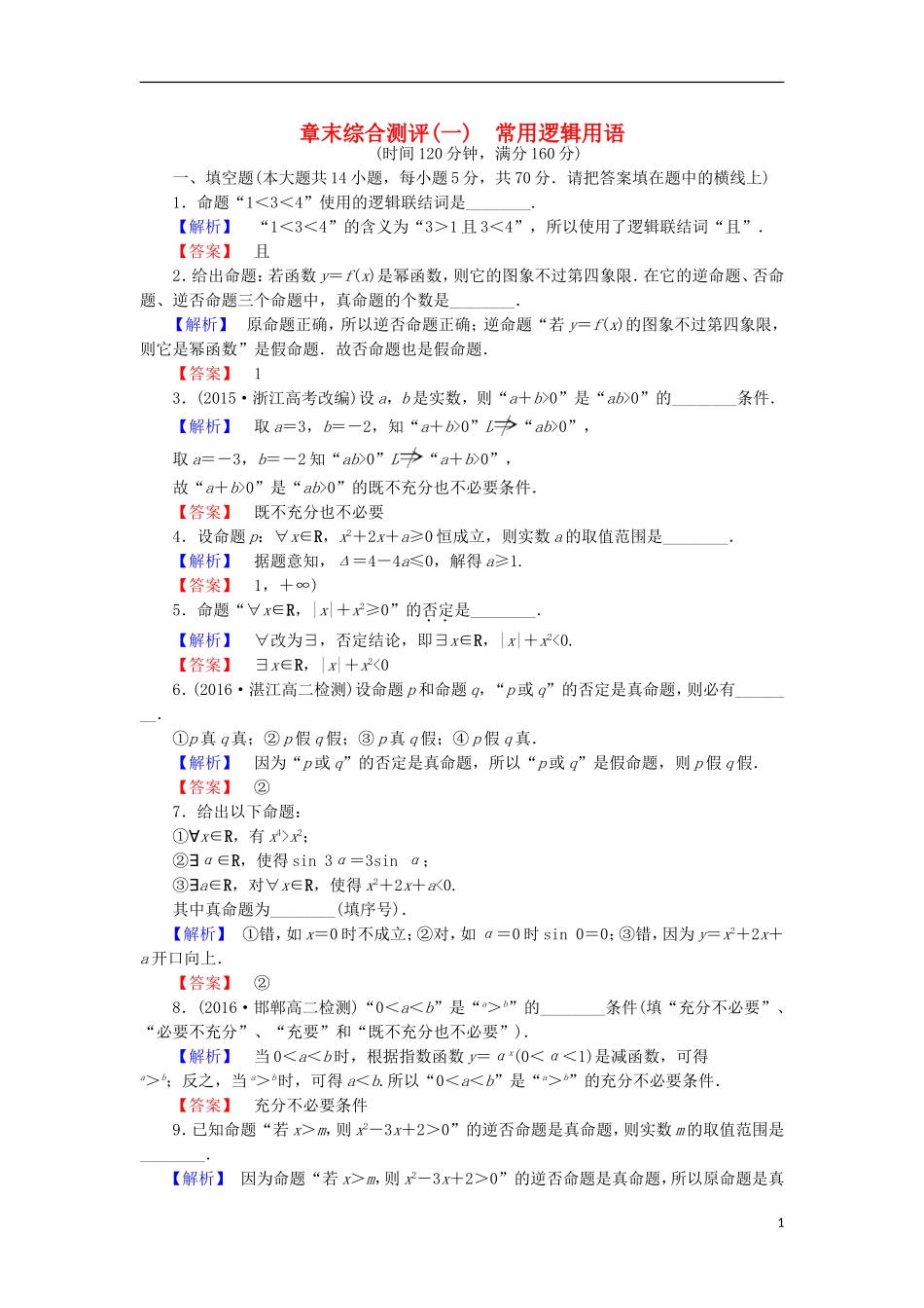 高中数学 第1章 常用逻辑用语章末综合测评 苏教版选修2-1-苏教版高二选修2-1数学试题_第1页