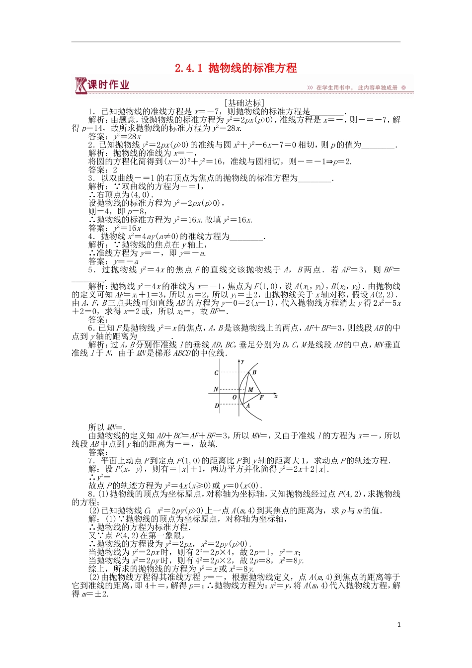 高中数学 第二章 圆锥曲线与方程 2.4.1 抛物线的标准方程作业 苏教版选修1-1-苏教版高二选修1-1数学试题_第1页