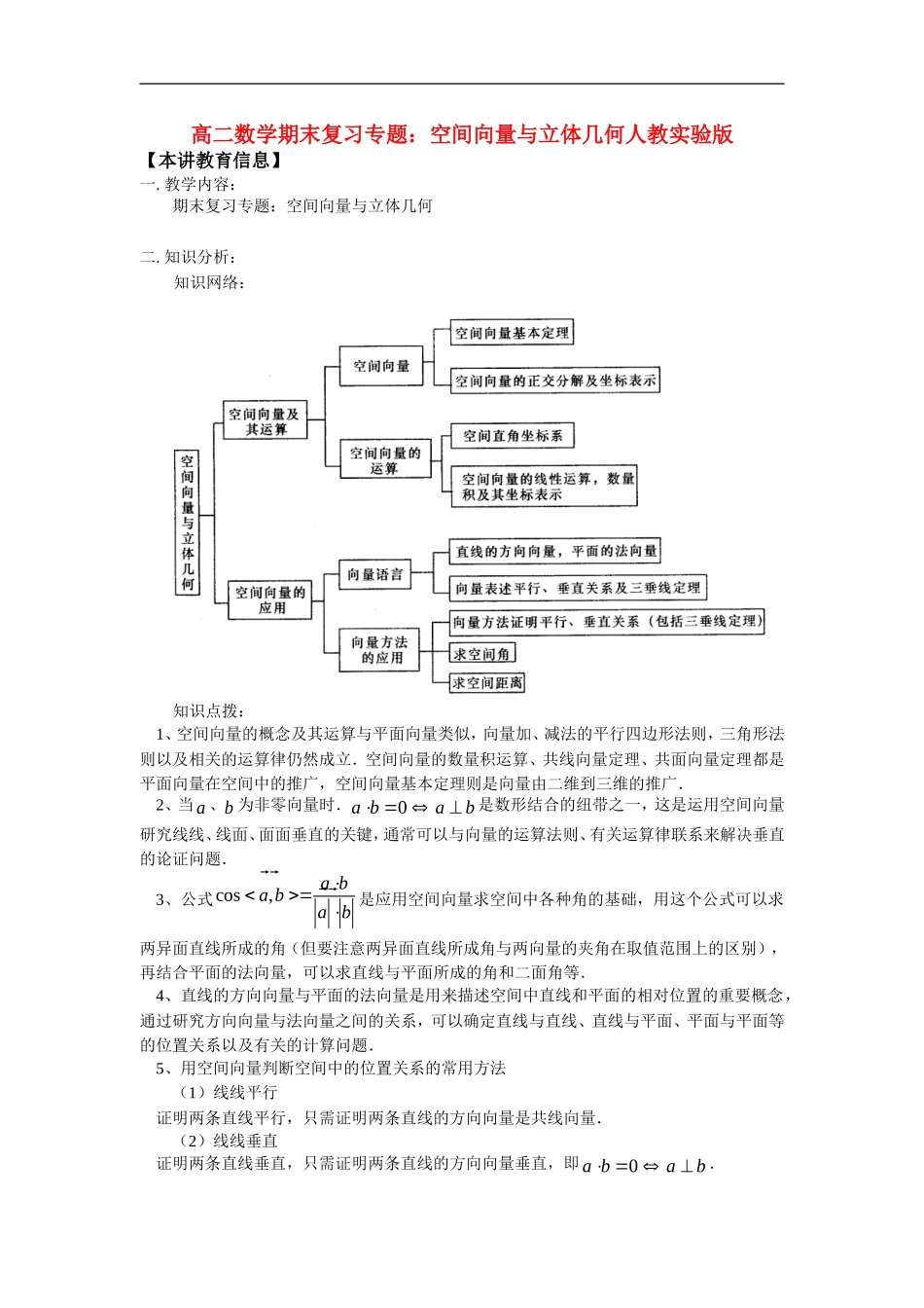高二数学期末复习专题：空间向量与立体几何人教实验版_第1页