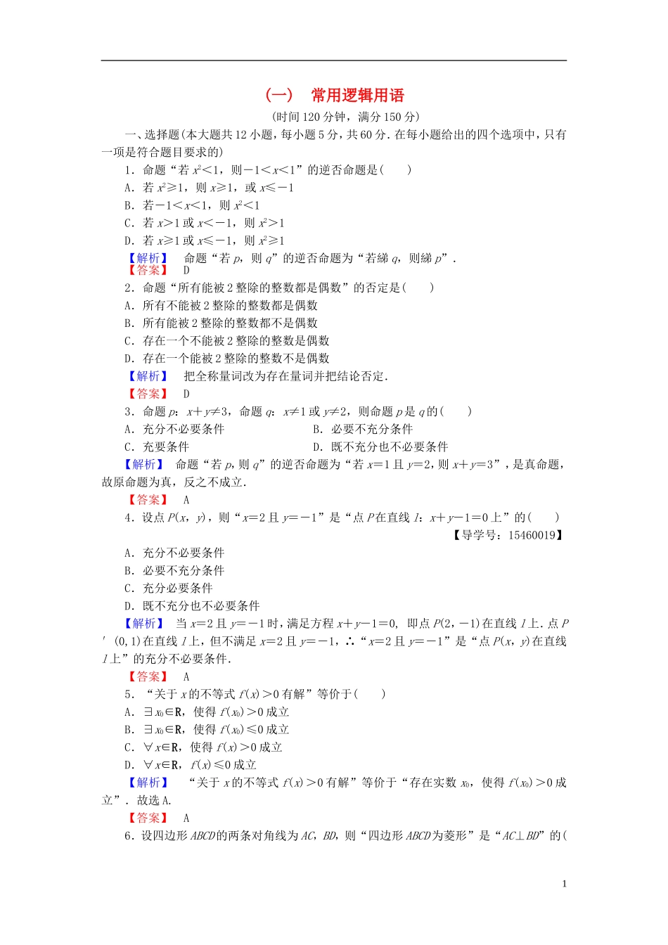 高中数学 第一章 常用逻辑用语章末综合测评 新人教B版选修2-1-新人教B版高二选修2-1数学试题_第1页