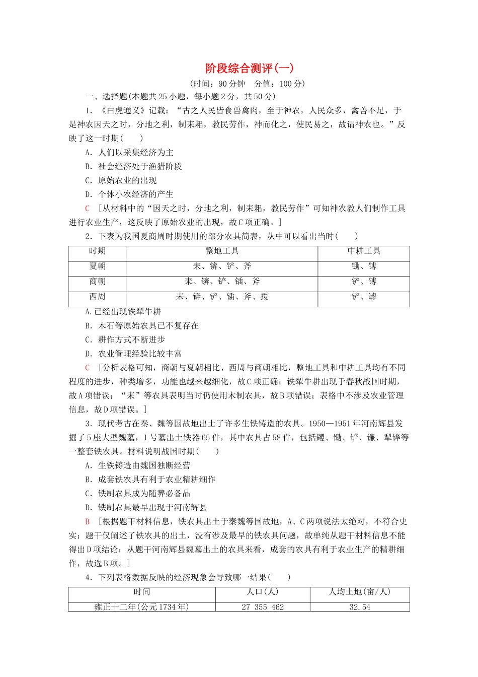 高中历史 阶段综合测评（一）（含解析）岳麓版必修2-岳麓版高一必修2历史试题_第1页
