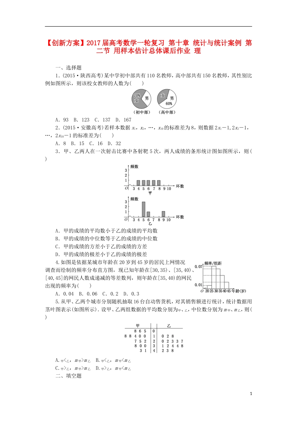 高考数学一轮复习 第十章 统计与统计案例 第二节 用样本估计总体课后作业 理-人教版高三全册数学试题_第1页