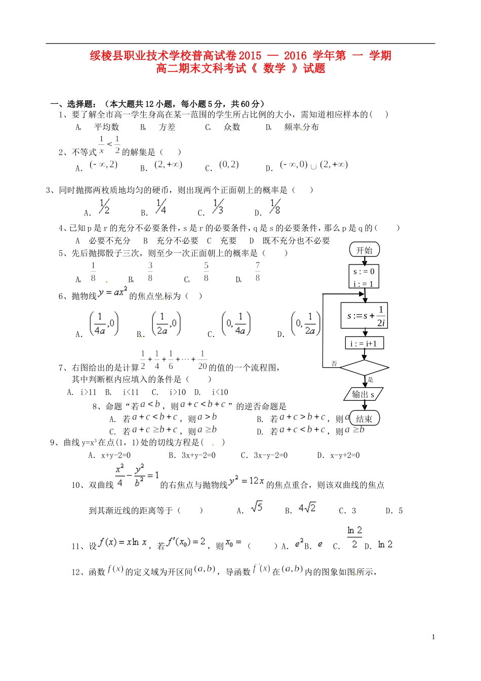 高二数学上学期期末考试试题（普高试卷）文-人教版高二全册数学试题_第1页