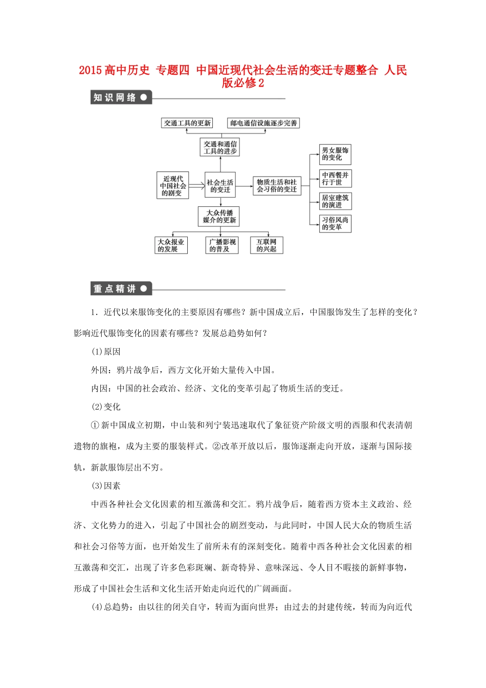 高中历史 专题四 中国近现代社会生活的变迁专题整合 人民版必修2-人民版高一必修2历史试题_第1页