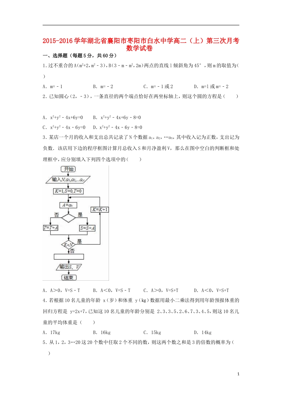 高二数学上学期第三次月考试卷（含解析）-人教版高二全册数学试题_第1页