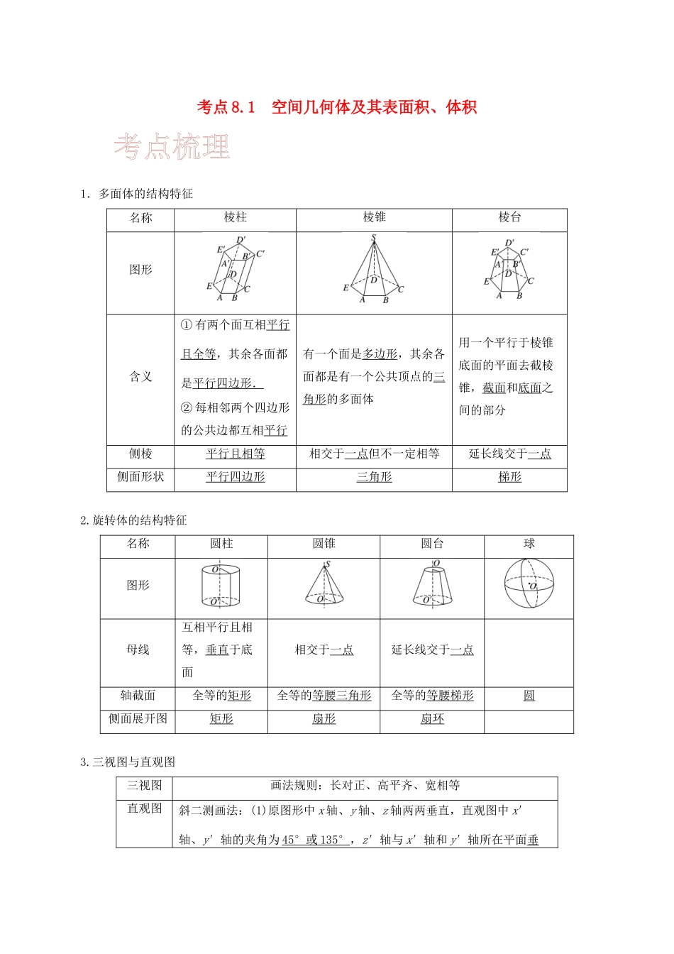 高考数学 考点 第八章 立体几何与空间向量 8.1 空间几何体及其表面积、体积（理）-人教版高三全册数学试题_第1页