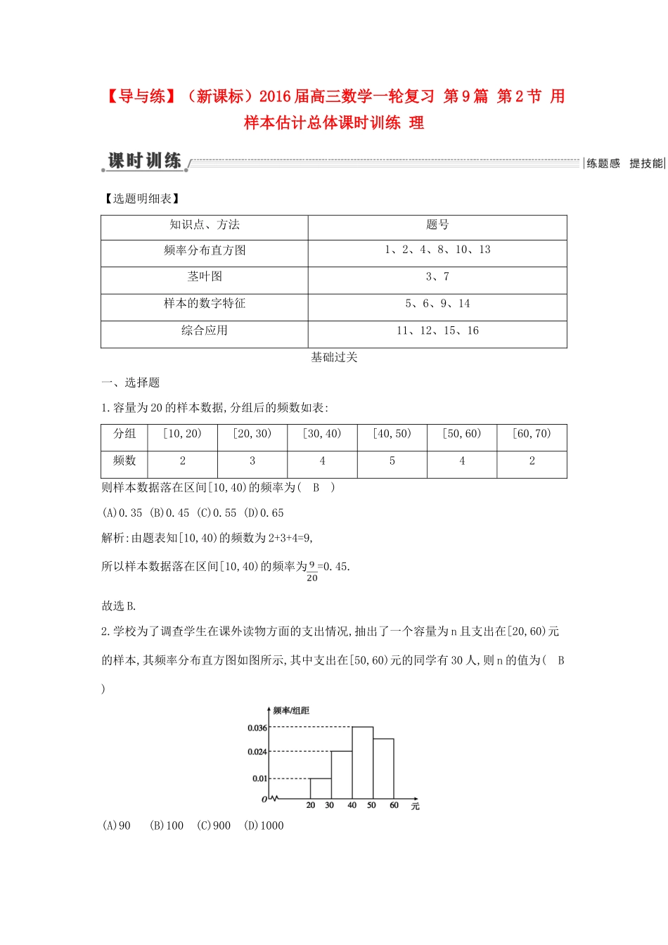 （新课标）高三数学一轮复习 第9篇 第2节 用样本估计总体课时训练 理-人教版高三全册数学试题_第1页