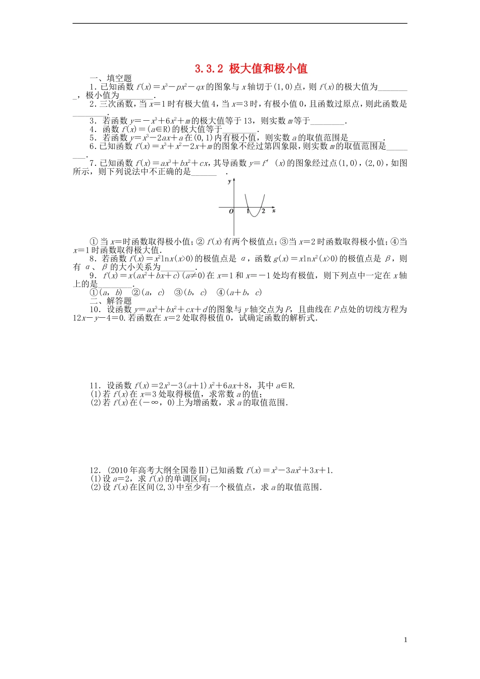 高中数学 3.3.2 极大值和极小值课时训练 苏教版选修1-1_第1页
