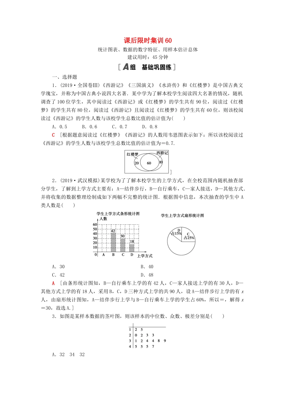 高考数学一轮复习 课后限时集训60 统计图表、数据的数字特征、用样本估计总体 文 北师大版-北师大版高三全册数学试题_第1页