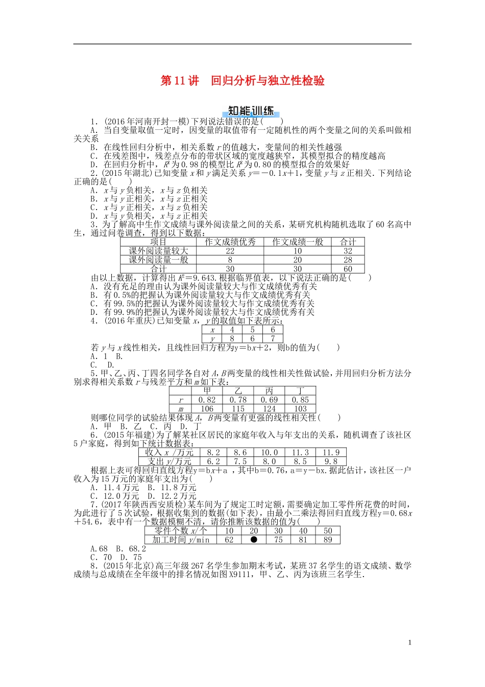 高考数学一轮复习 第九章 概率与统计 第11讲 回归分析与独立性检验课时作业 理-人教版高三全册数学试题_第1页