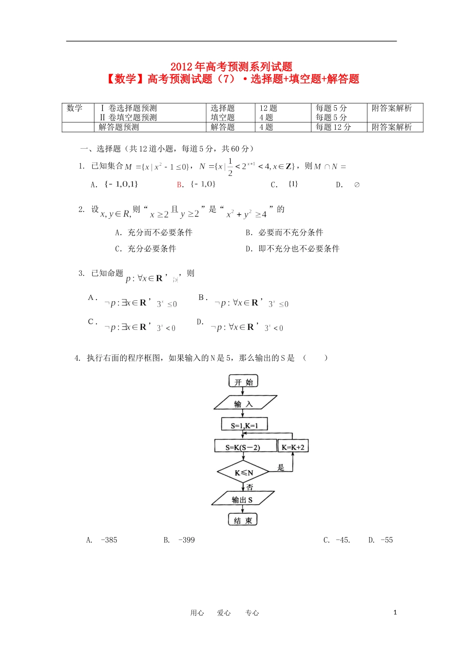 高考数学预测试题（7）选择题+填空题+解答题_第1页