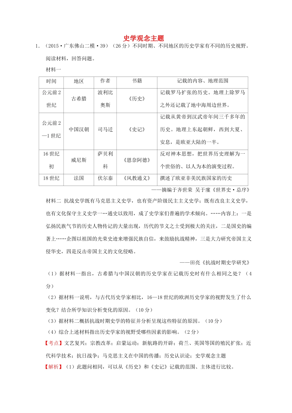 全国各地高考历史一轮复习名题分解 史学观念主题-人教版高三全册历史试题_第1页