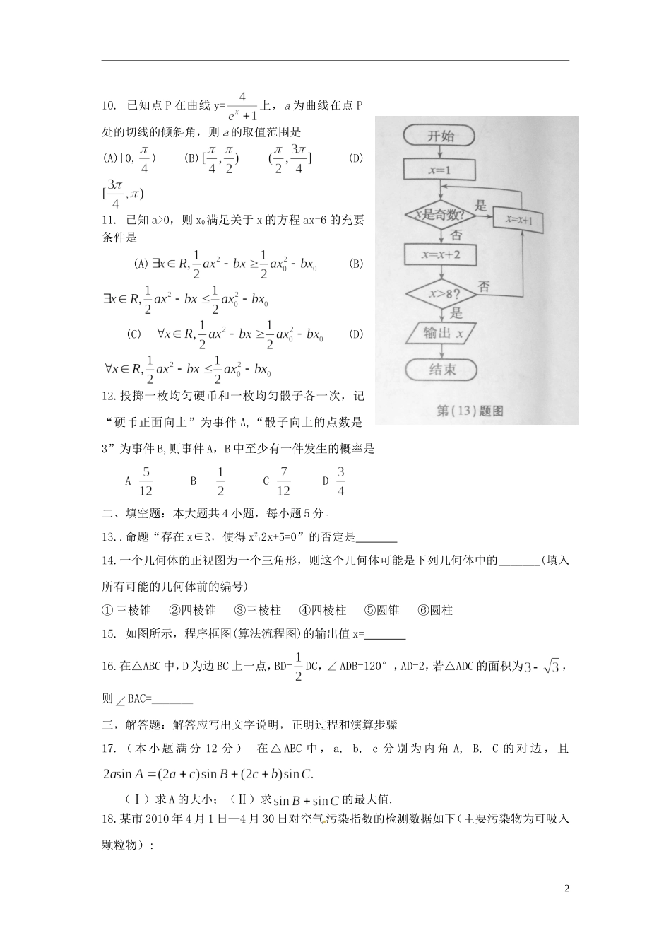 山西省芮城县风陵渡中学高三数学测试题5 新人教A版_第2页