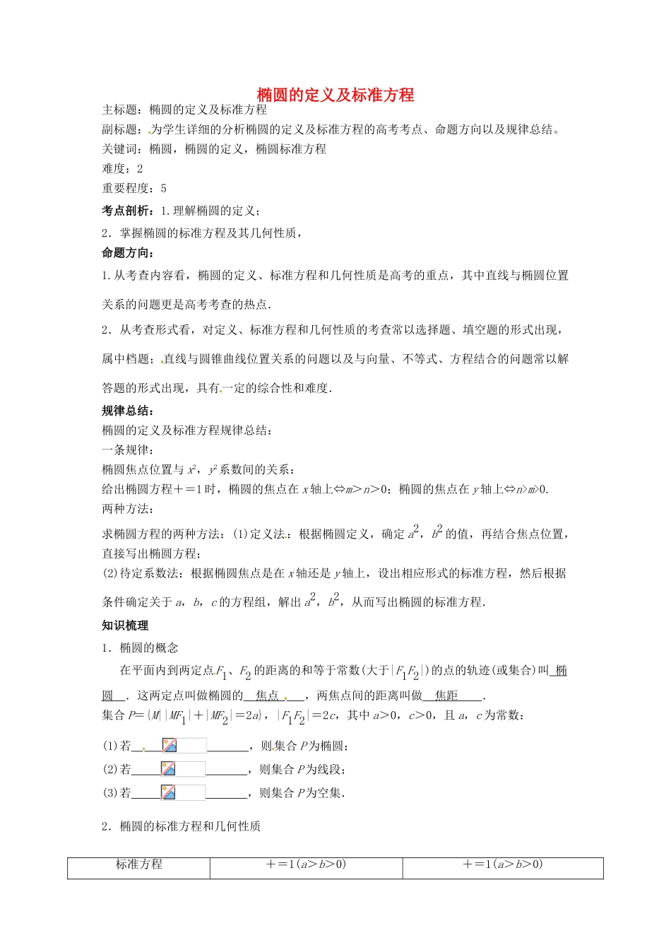 高考数学复习 专题15 解析几何 椭圆的定义及标准方程考点剖析-人教版高三全册数学试题_第1页