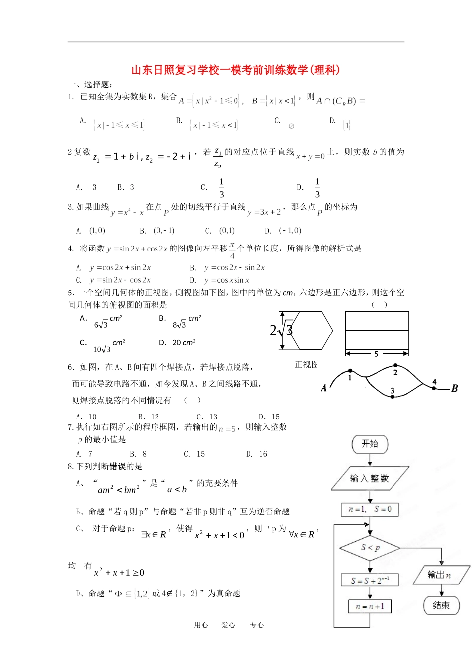 山东日照复习学校高三数学一模考前训练 理_第1页