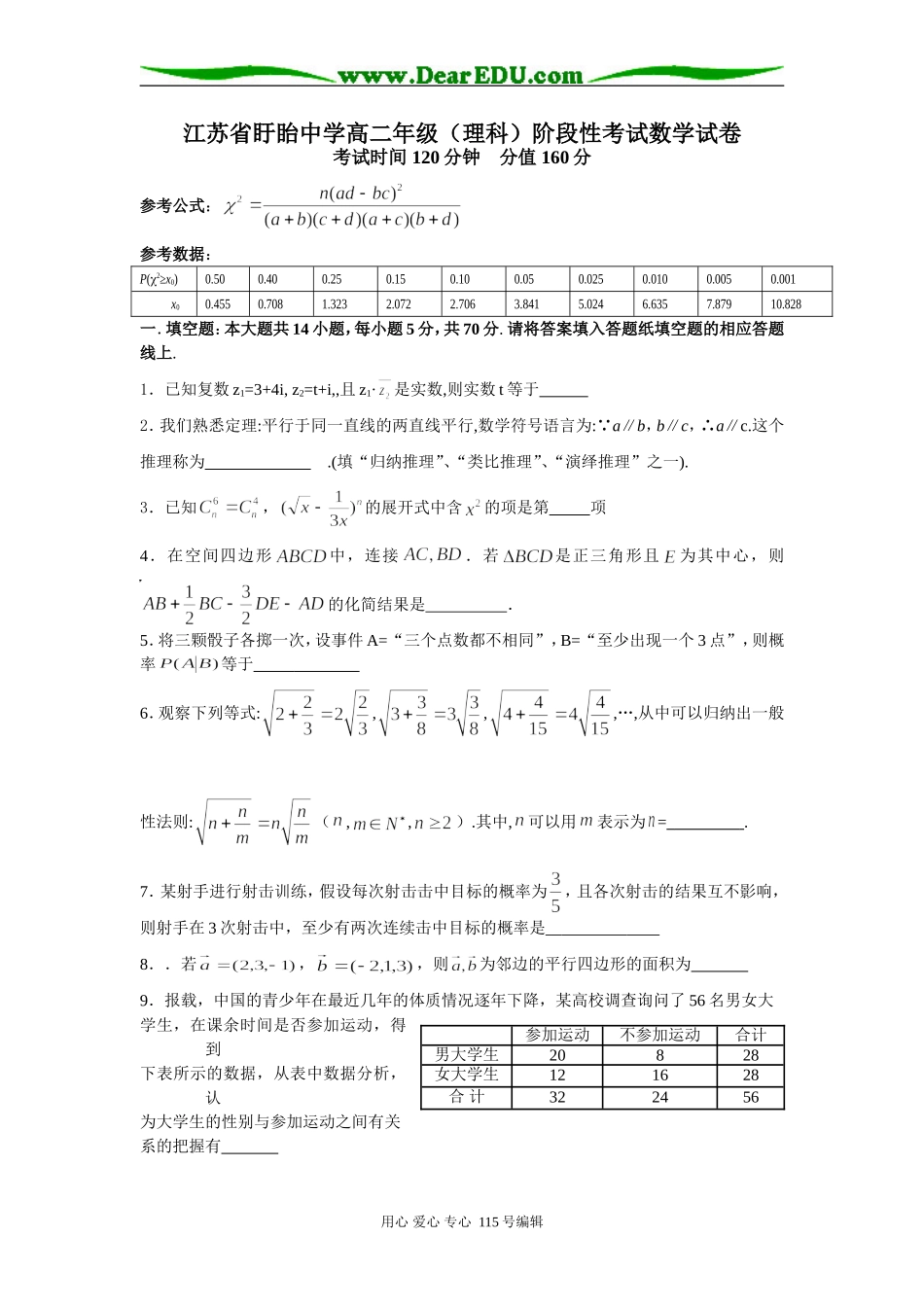 江苏省盱眙中学高二数学（理科）阶段性考试试卷选修二_第1页