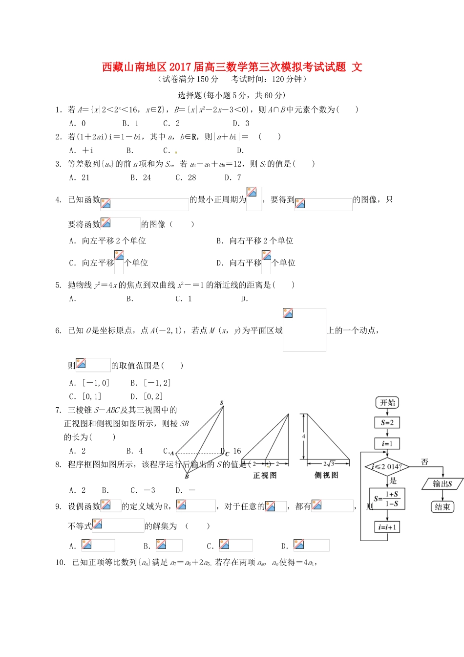 西藏山南地区高三数学第三次模拟考试试题 文-人教版高三全册数学试题_第1页