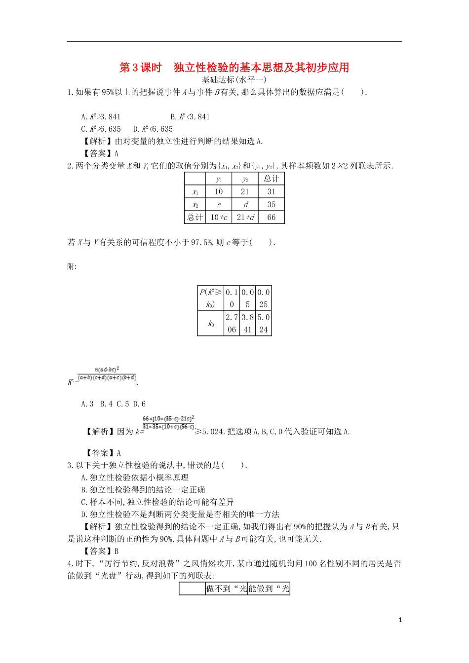 高中数学 第三章 统计案例 第3课时 独立性检验的基本思想同步测试 新人教A版选修2-3-新人教A版高二选修2-3数学试题_第1页