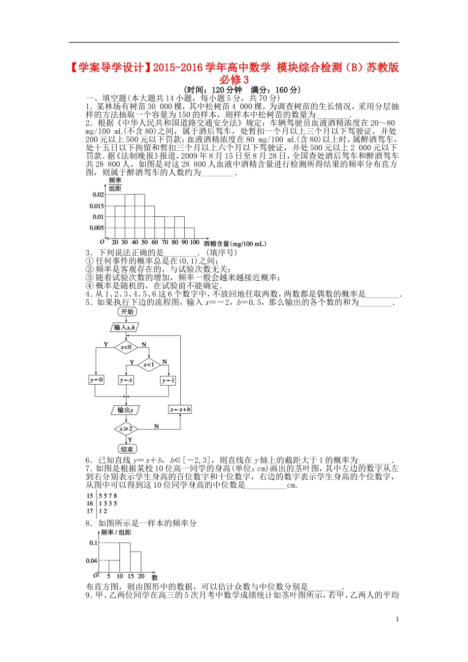 高中数学 模块综合检测（B）苏教版必修3-苏教版高一必修3数学试题_第1页