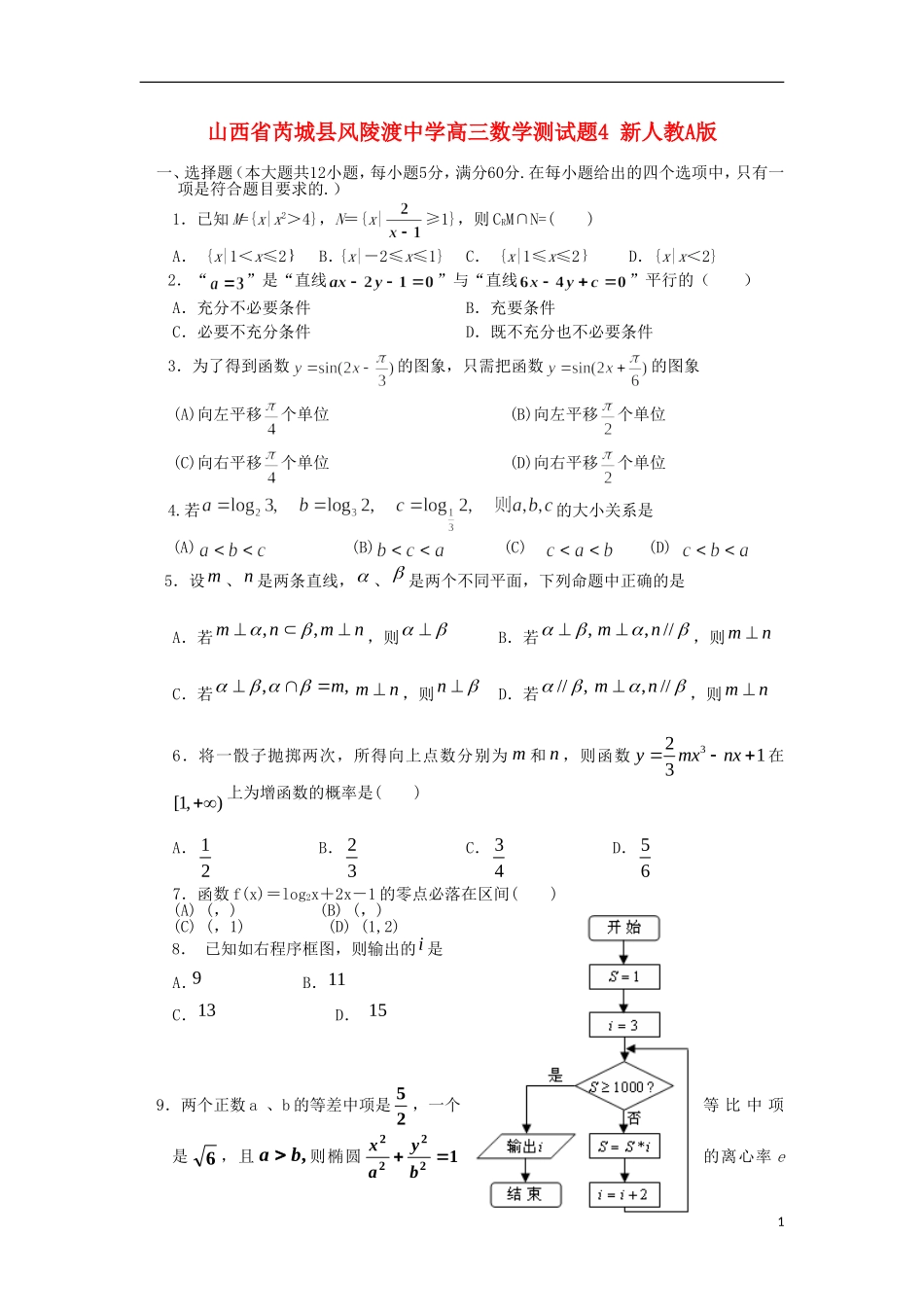 山西省芮城县风陵渡中学高三数学测试题4 新人教A版_第1页