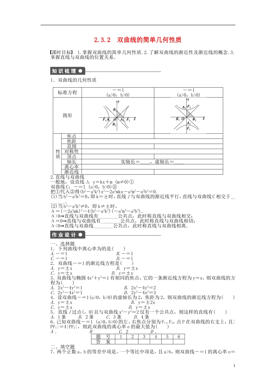 高中数学 2.3.2双曲线的简单几何性质课时作业 新人教A版选修2-1-新人教A版高二选修2-1数学试题_第1页