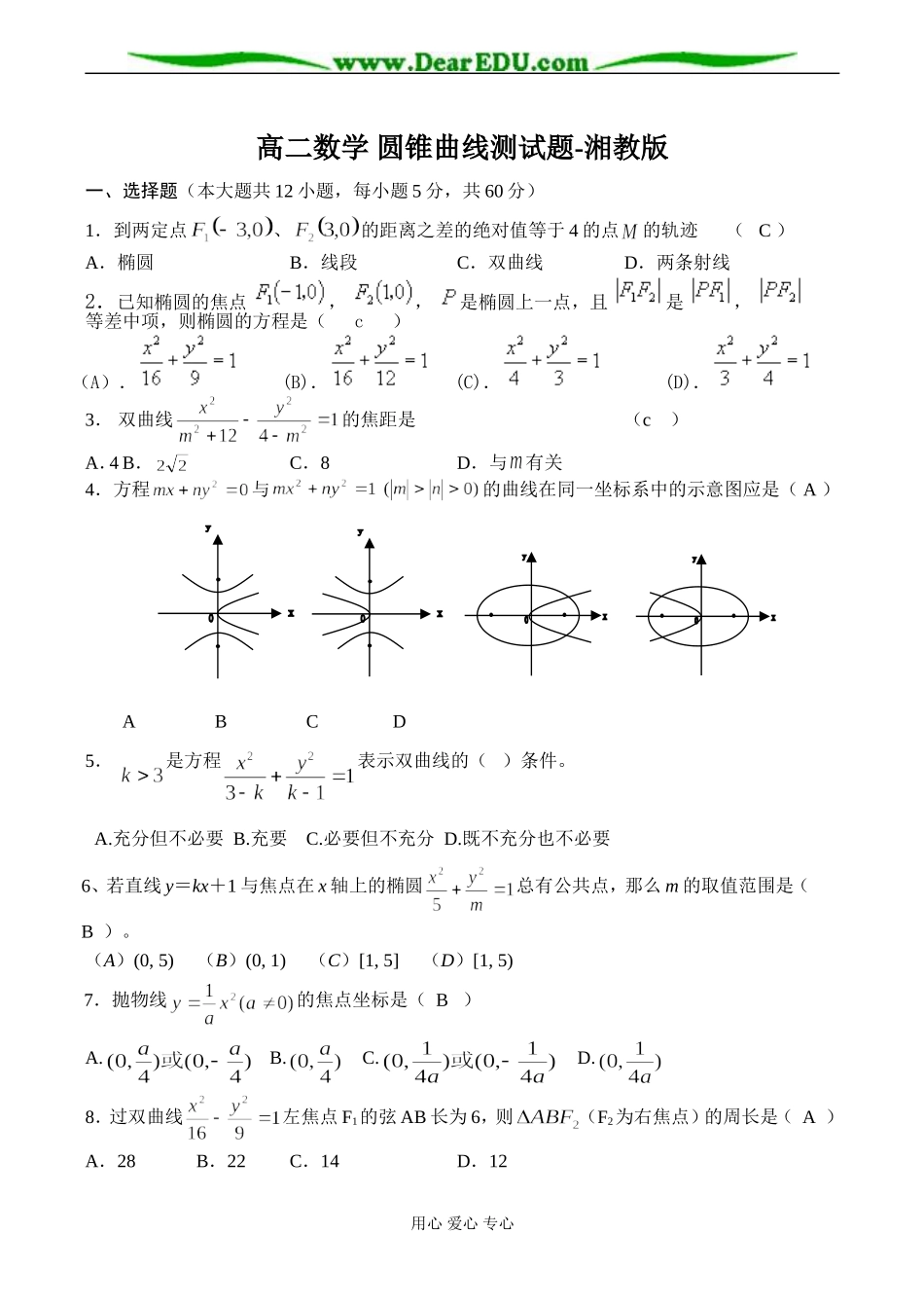 高二数学 圆锥曲线测试题-湘教版_第1页