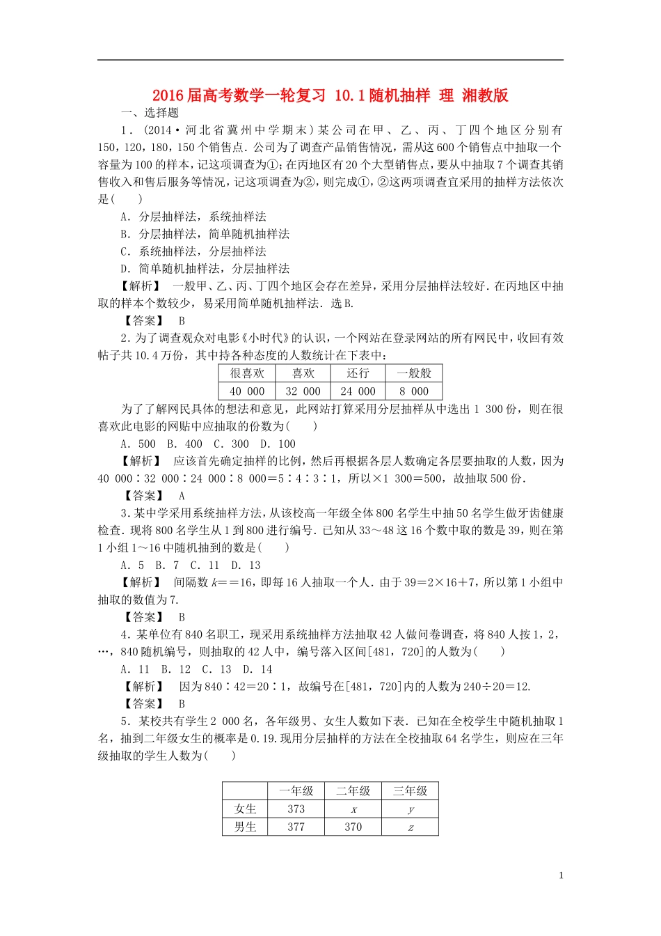 高考数学一轮复习 10.1随机抽样 理 湘教版-湘教版高三全册数学试题_第1页
