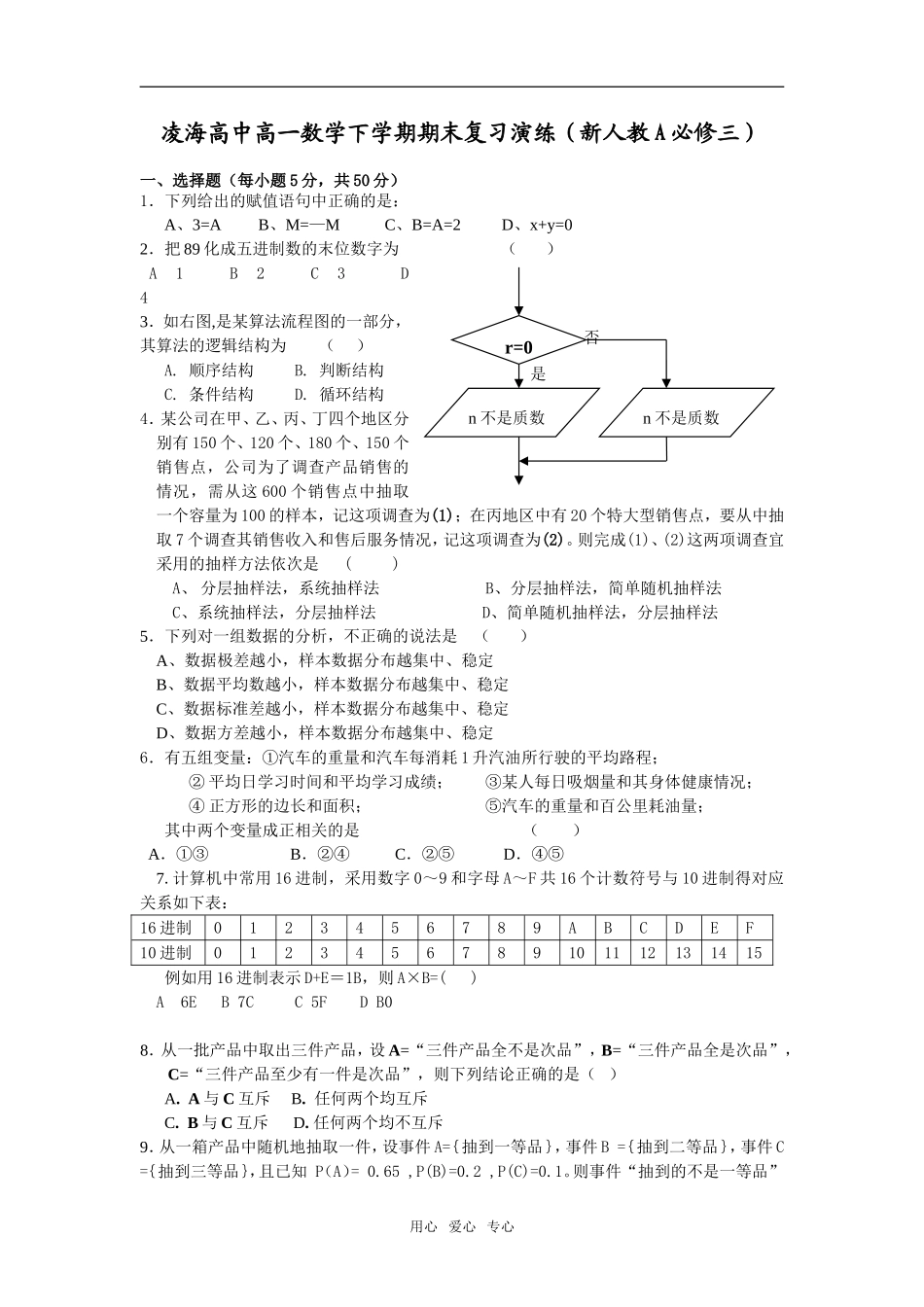 辽宁省凌海高中高一数学下学期期末复习演练新人教A必修三_第1页