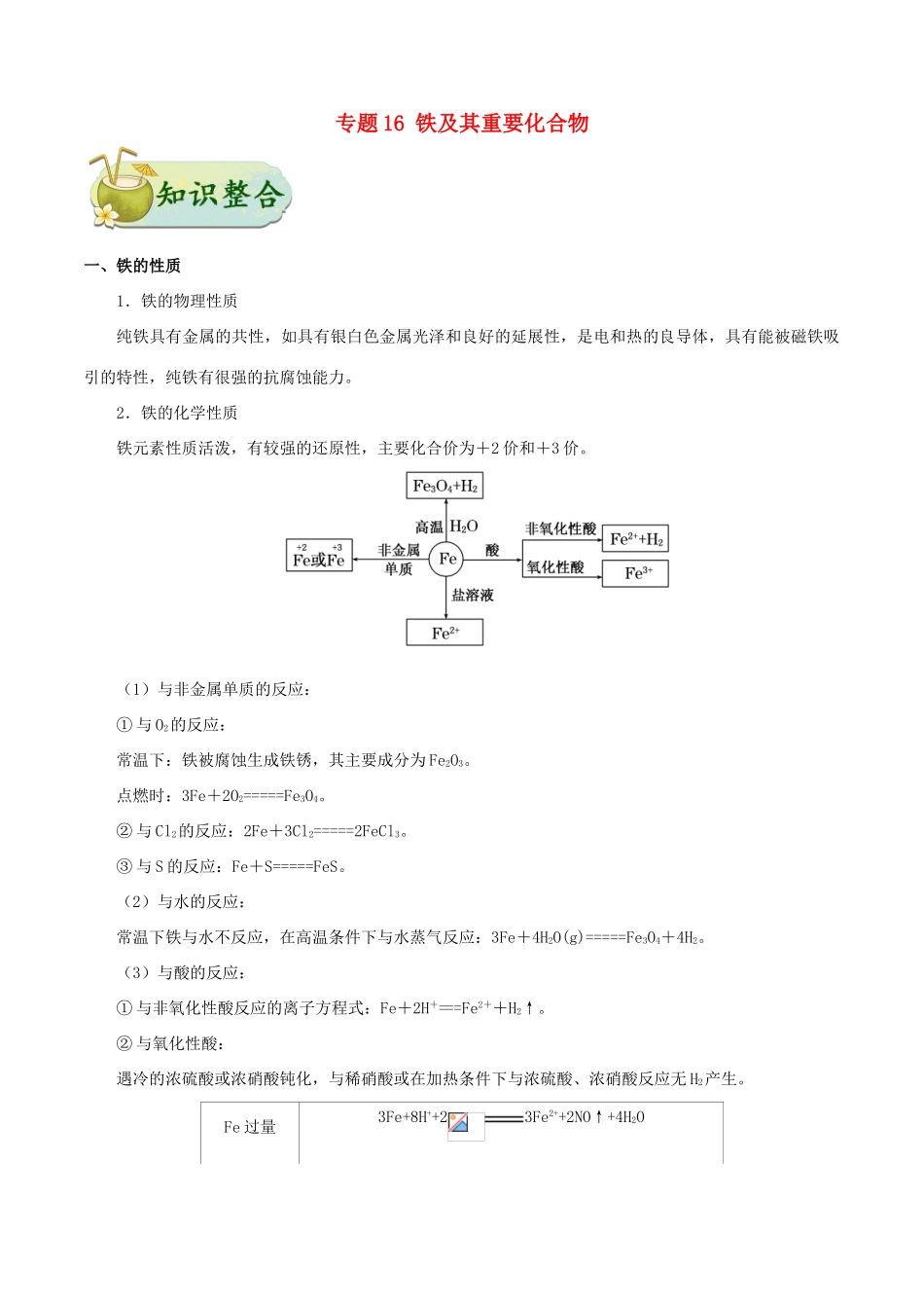 备战高考化学 考点一遍过 专题16 铁及其重要化合物-人教版高三全册化学试题_第1页