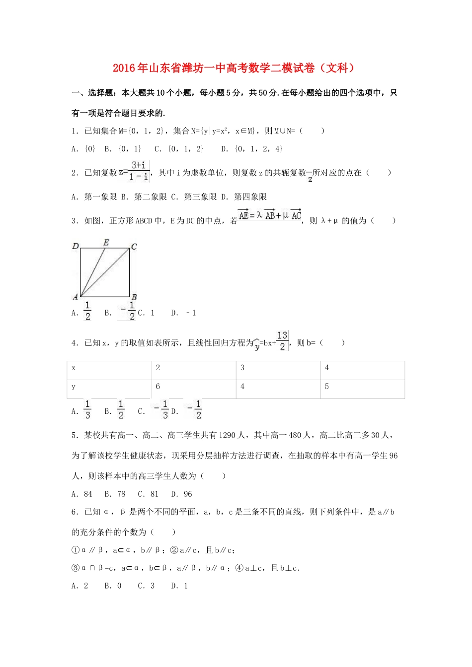山东省潍坊一中高三数学二模试卷 文（含解析）-人教版高三全册数学试题_第1页