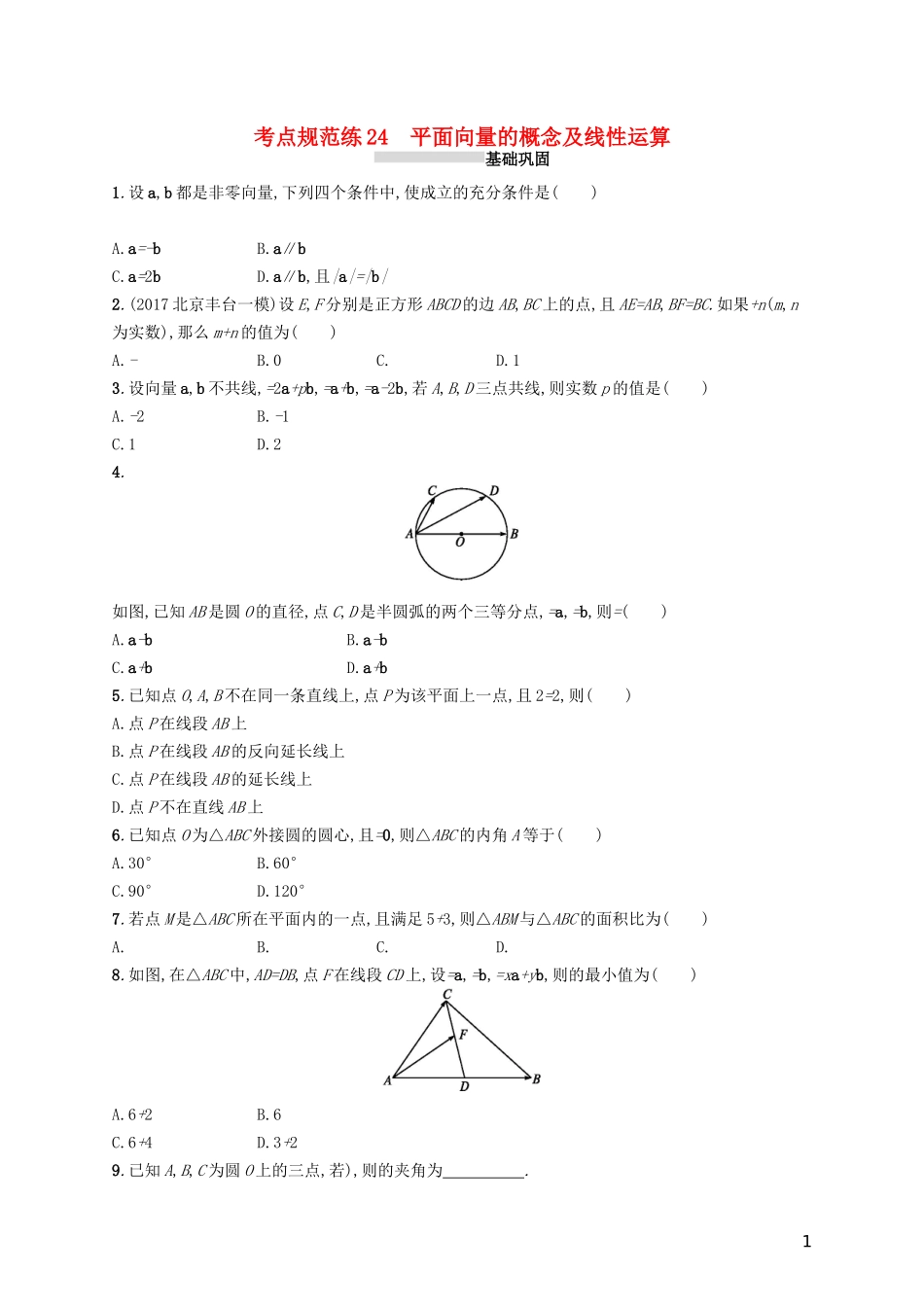 高考数学一轮复习 第五章 平面向量、数系的扩充与复数的引入 考点规范练24 平面向量的概念及线性运算 文 新人教A版-新人教A版高三全册数学试题_第1页